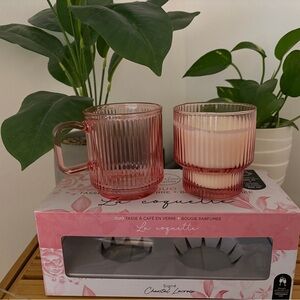 Ribbed Pink Glass Candle & Mug Set